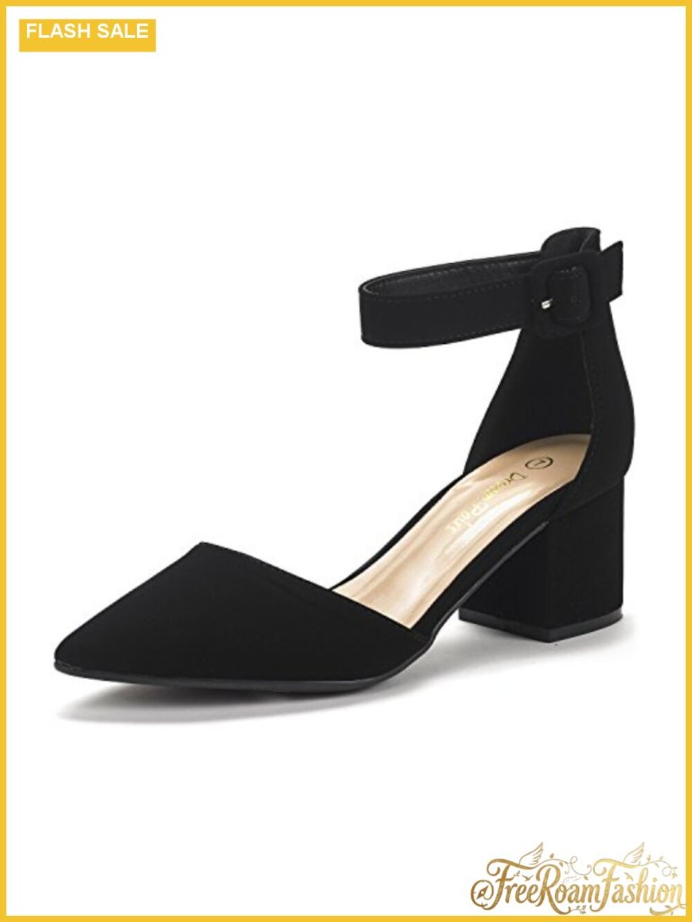 Pointed Toe Low Chunky Heel Pumps with Ankle Strap